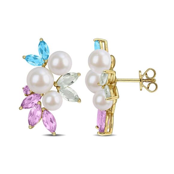 4.50 Carat (ctw) Blue Topaz, Green Quartz and Rose-De-France Pearl Earrings Yell